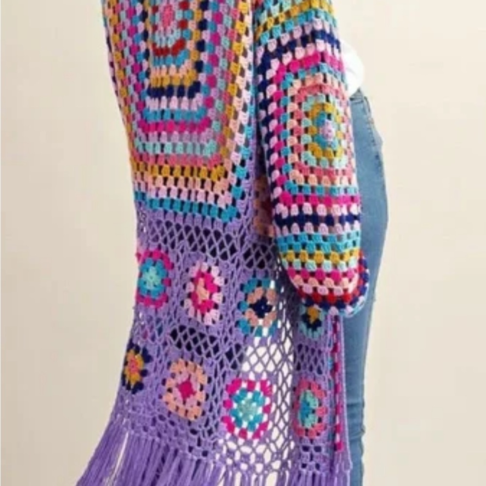 Dreamers by Debut granny Crochet Open-Front Fringe Cardigan Sweater - Multicolor - Picture 3 of 6